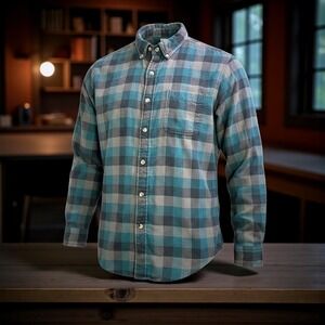 Hobbs Creek Plaid Flannel Button Up Shirt Men's Size Large Teal Gray Long Sleeve